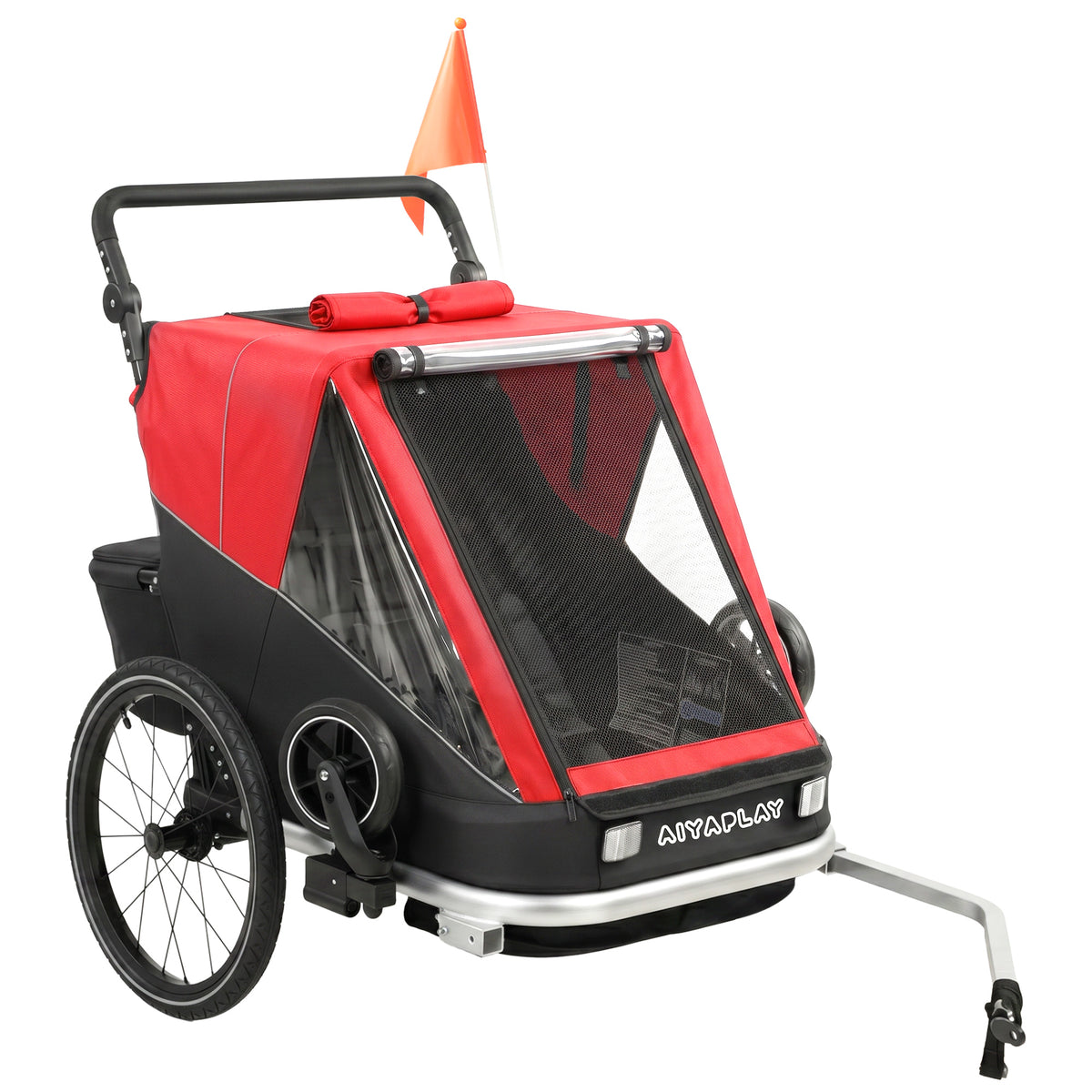 Child bicycle trailer, 2-seater, 2-in-1 foldable children's bike trailer with adjustable seat and harnesses, red