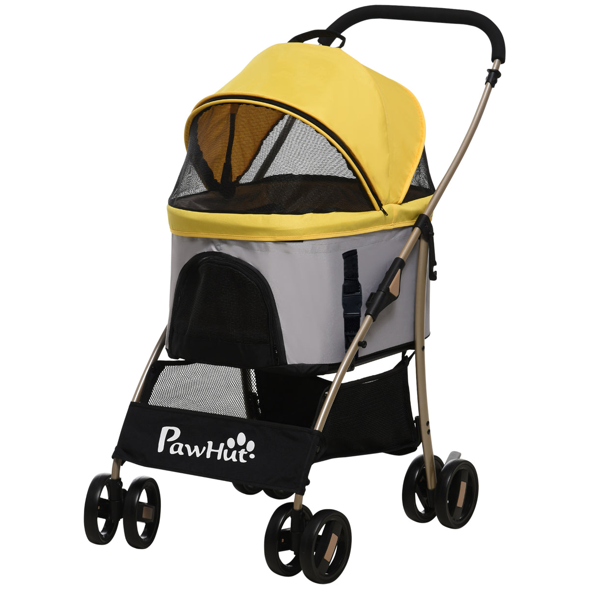 PawHut 2-in-1 Hundebuggy Hundetrolley bis 10 kg klappbar Tragtasche Bodenkorb 82 cm x 49,5 cm x 98 cm Gelb