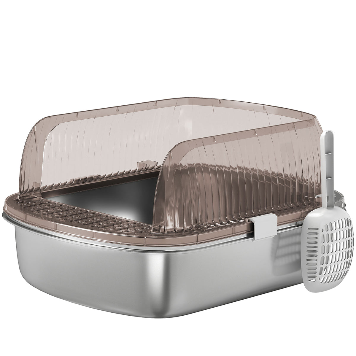 Stainless steel cat litter box, high-sided litter tray, basin, includes scoop, for large cats, 53x42x27cm