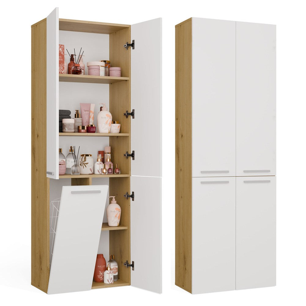 Badezimmerschrank NEL 1K DD Regal Hochschrank mit Wäschekorb EICHE ARTISAN / WEISS