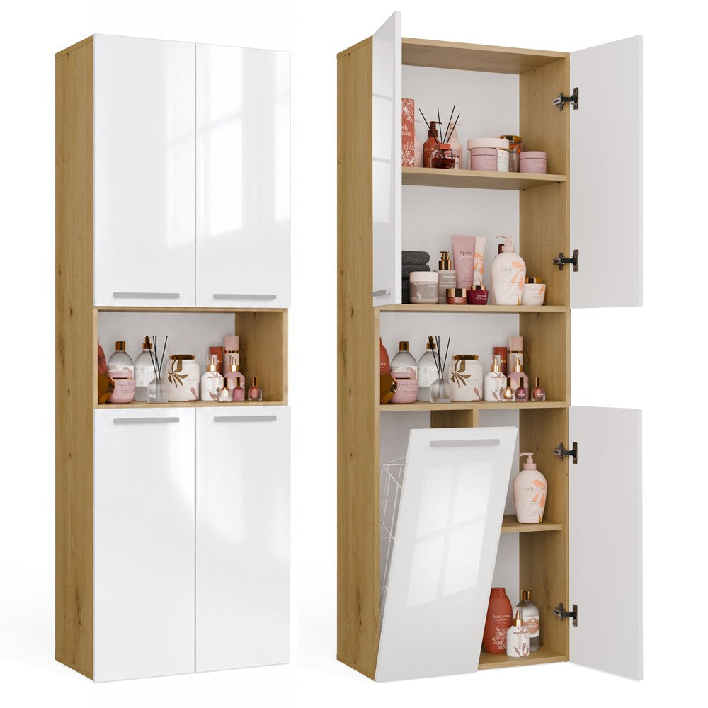 Badezimmerschrank NEL 1K DK Regal Hochschrank mit Wäschekorb EICHE ARTISAN WEISS HOCHGLANZ