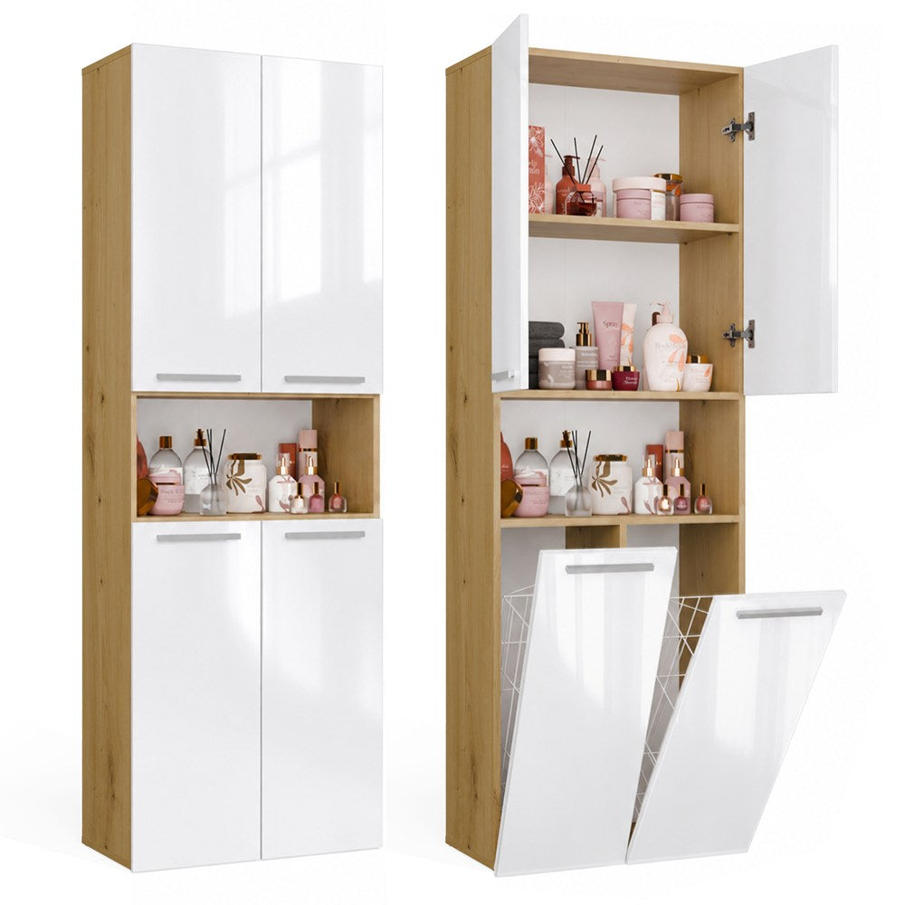 Badezimmerschrank NEL 2K DK Regal Hochschrank 2 Wäschekörbe WEISS HOCHGLANZ EICHE ARTISAN