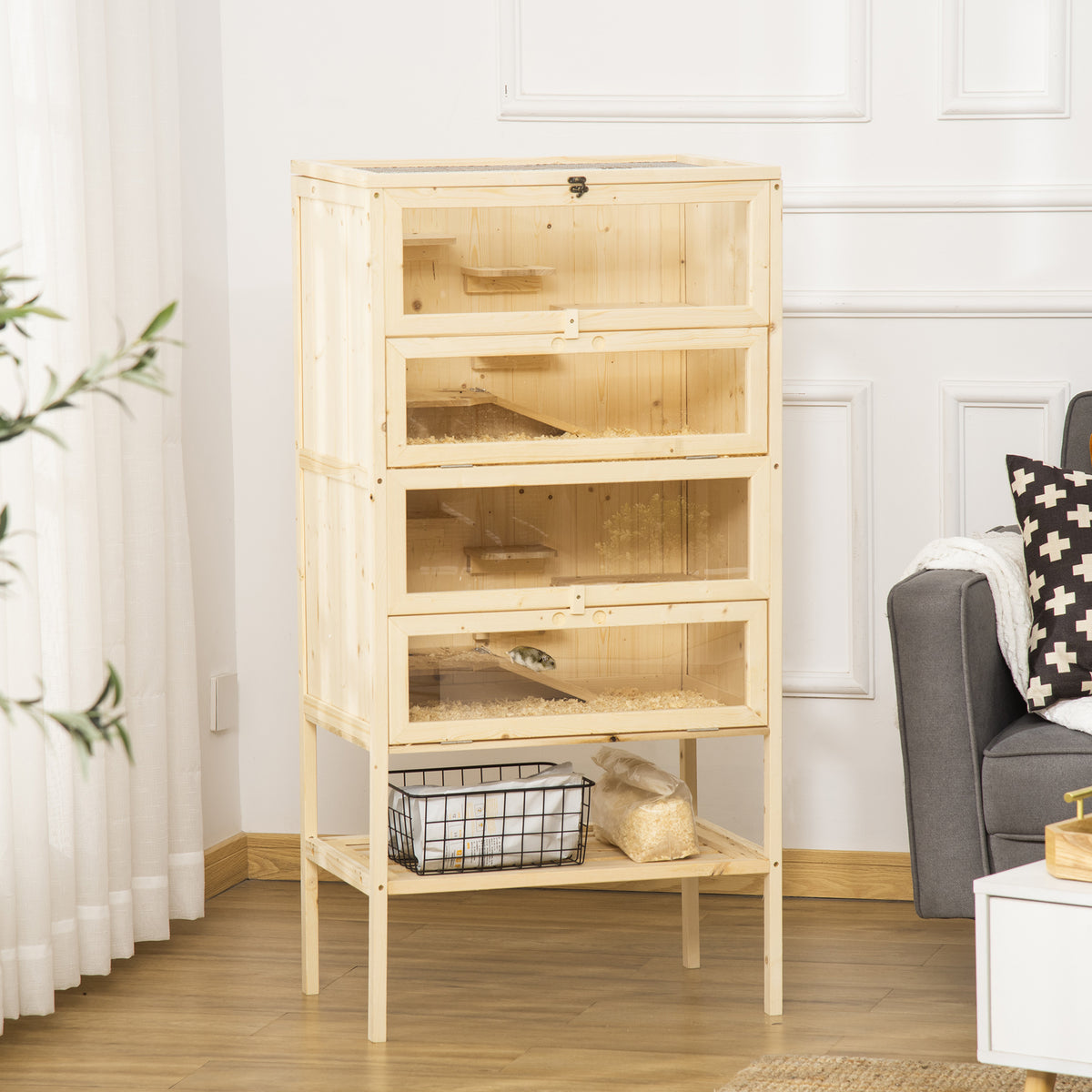 PawHut Hamsterkäfig aus Holz 5 Etagen Nagarium Nagerkäfig Kleintierkäfig mit Gitterdach Rampen – Produktabbildung 2