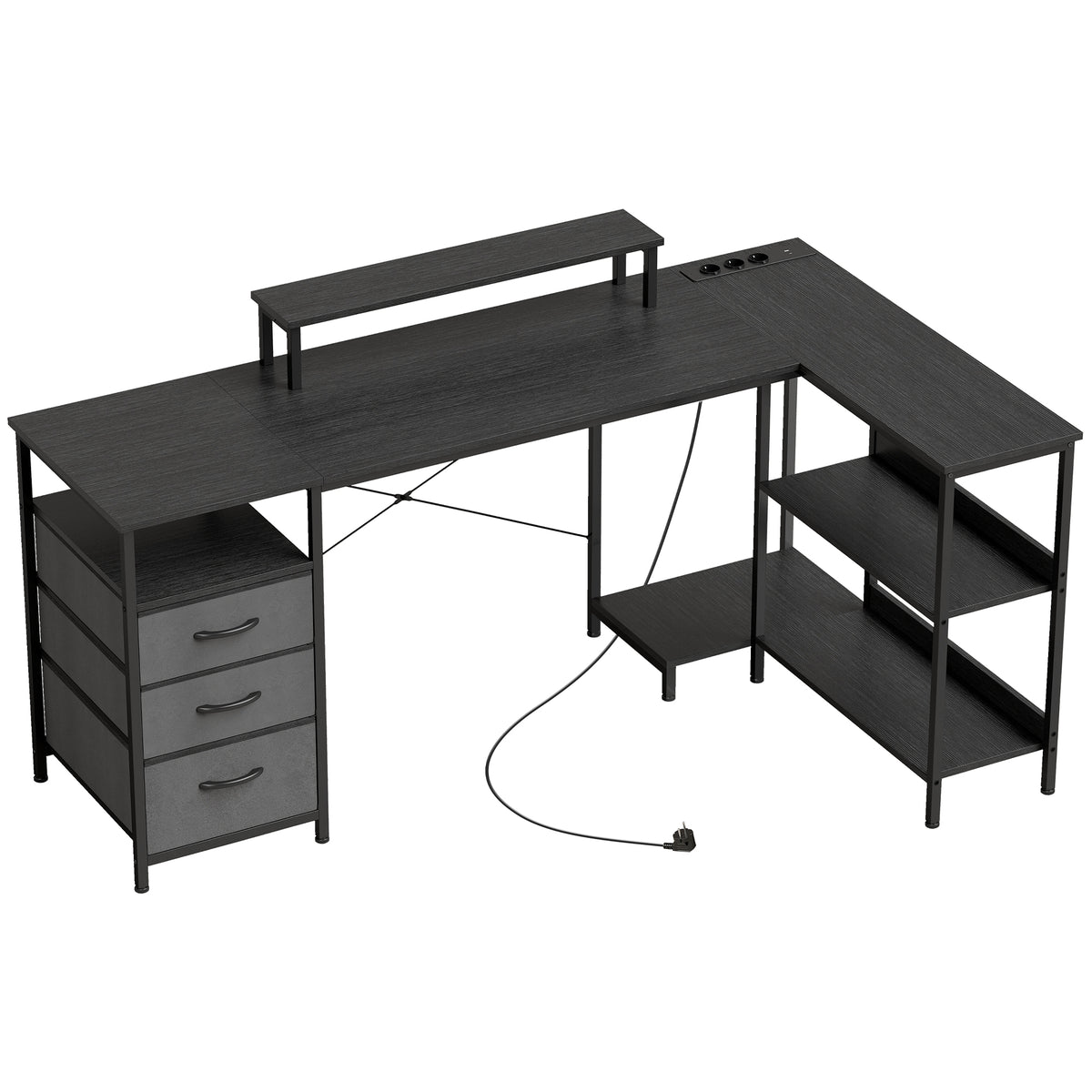 HOMCOM Schreibtisch in L-Form, umkehrbarer Eckschreibtisch mit Schubladen und Regalen, 170 cm, Schwarz