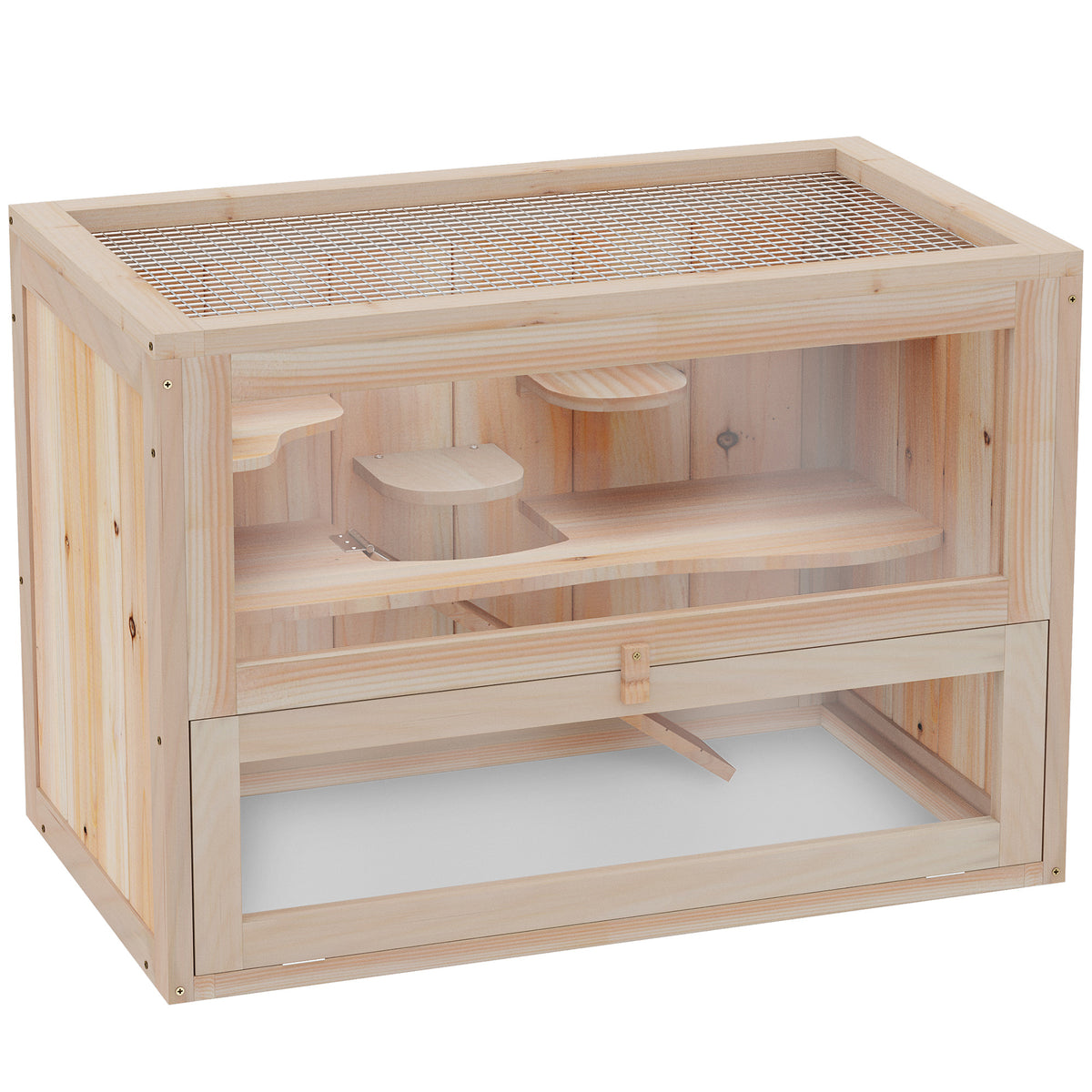 Wooden hamster cage, 2 levels, 60 x 35 x 42 cm, rodent cage, small animal cage with hinged wire roof, water