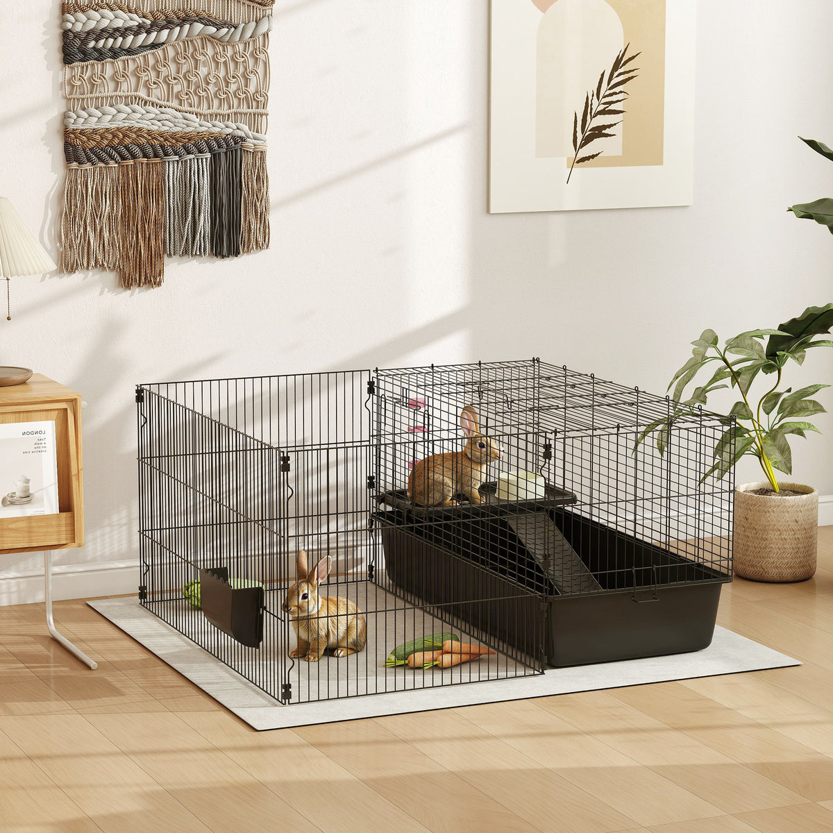 PawHut Kleintierkäfig mit abnehmbaren Gehege, Laufgitter mit Stall, inkl. Zubehör, Schwarz – Produktabbildung 2