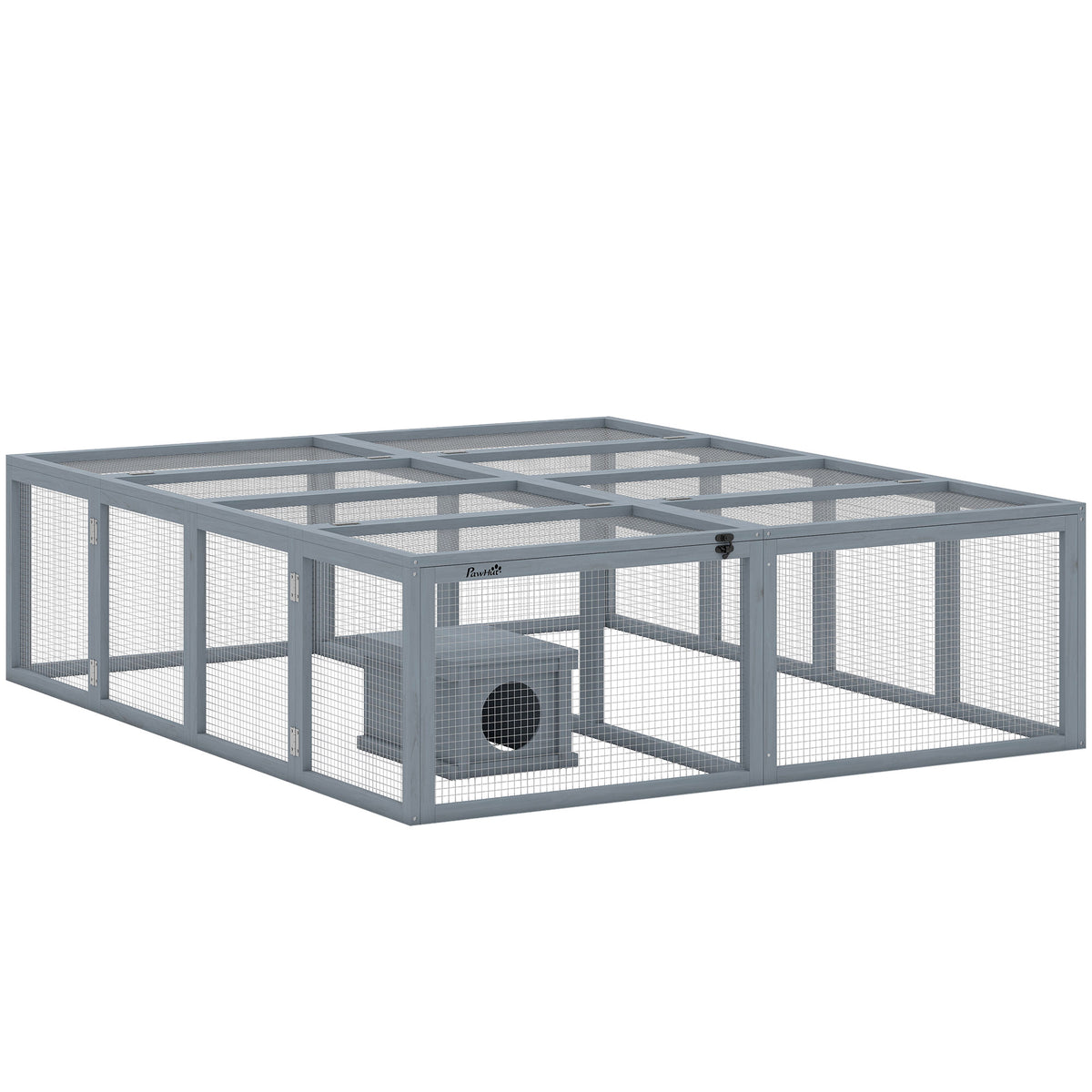 Wooden rabbit hutch with run, 2 doors and shelter for 2-4 dwarf rabbits, 180.4 x 150 x 48 cm, grey