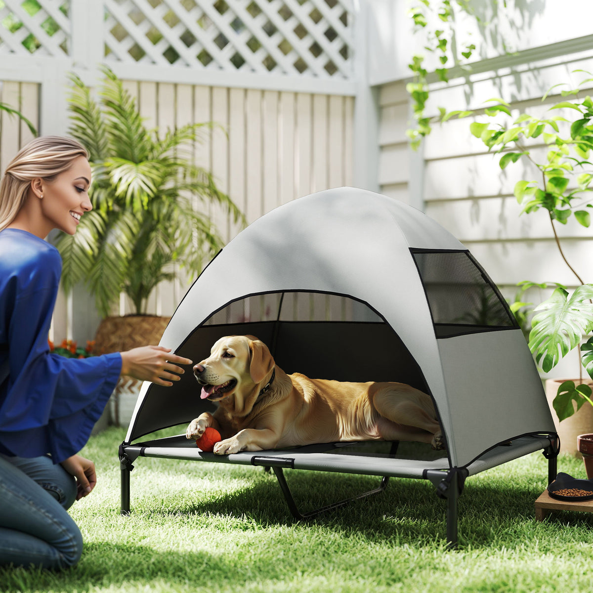 PawHut Hundeliege Outdoor mit Dach, Erhöhtes Hundebett für Große Hunde, 91 x 76 x 90 cm, Hellgrau – Produktabbildung 2