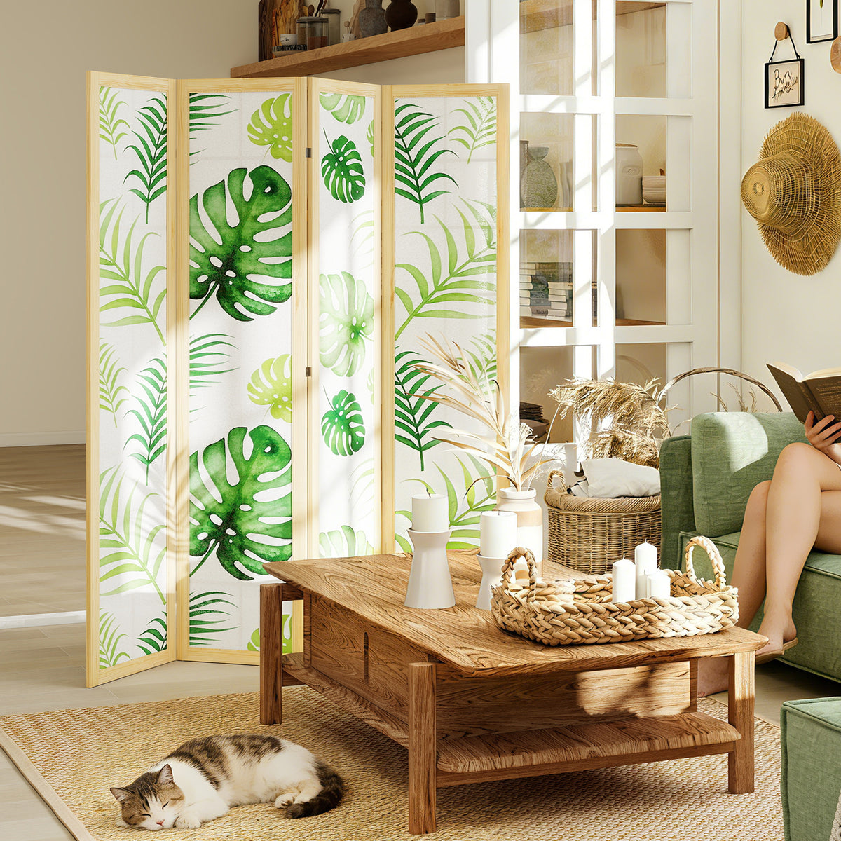 HOMCOM 4-teiliger Raumtrenner, faltbar, Boho-Design, tropisches Motiv, freistehender Raumteiler – Produktabbildung 2