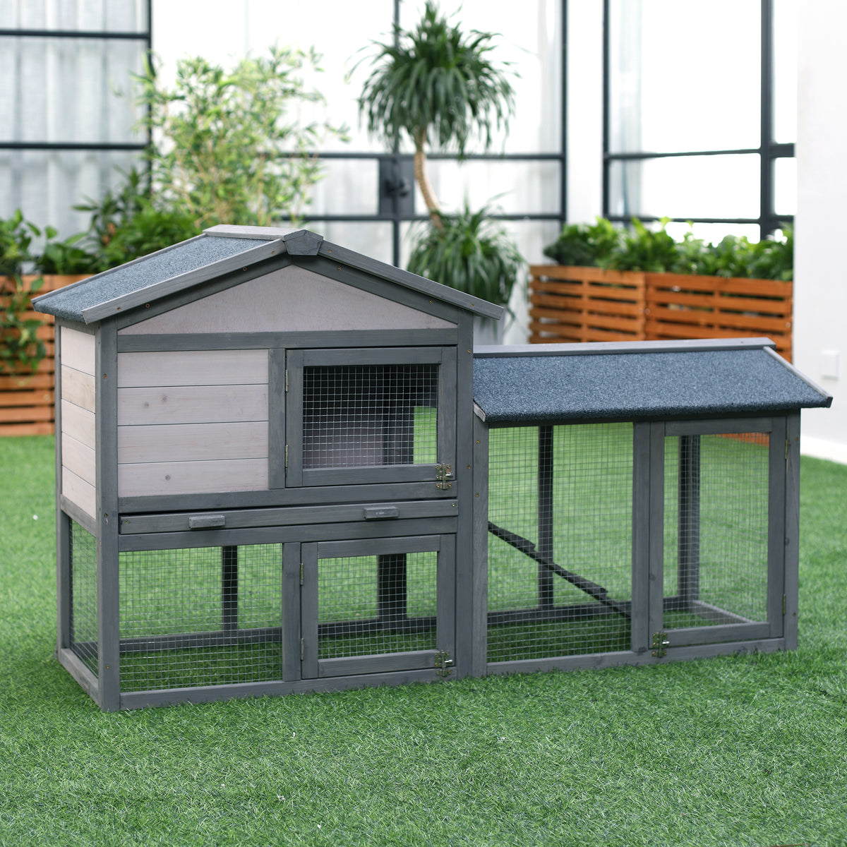 PawHut Hasenstall Kaninchenstall aus Holz 147 x 54 x 84 cm Kaninchenkäfig mit wetterfest Bitumendach – Produktabbildung 2