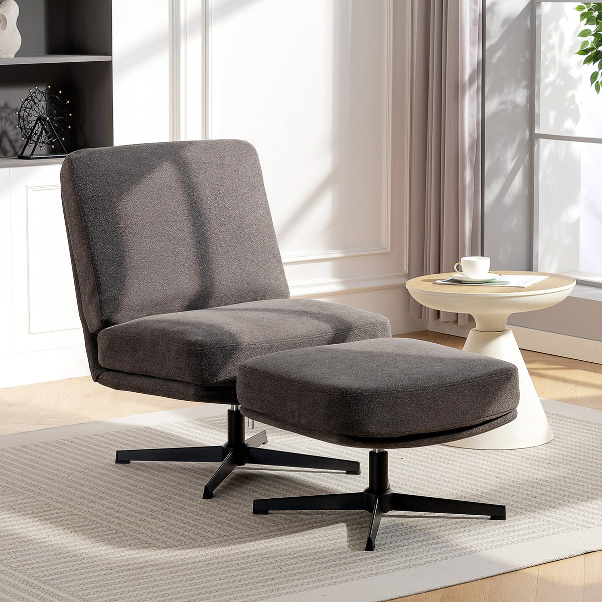Armchair with footstool, swivel lounge chair with linen look for living room, dark grey (2)