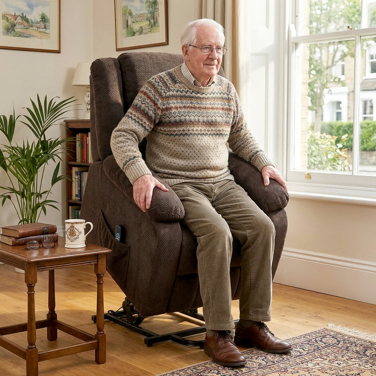 HOMCOM Aufstehsessel mit weichem Bezug, Recliner-Sessel mit Fernbedienung und Seitentaschen, Braun – Produktabbildung 2