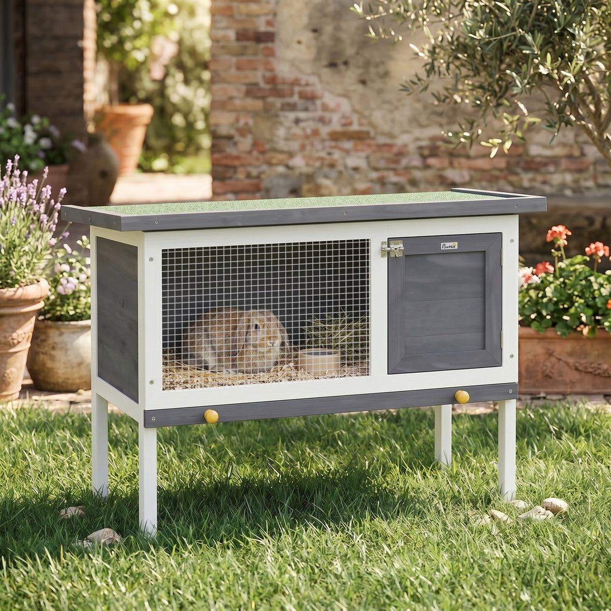 Rabbit hutch elevated wooden rabbit hutch with hinged bitumen roof and pull-out drawer 90x45x65 cm grey (2)