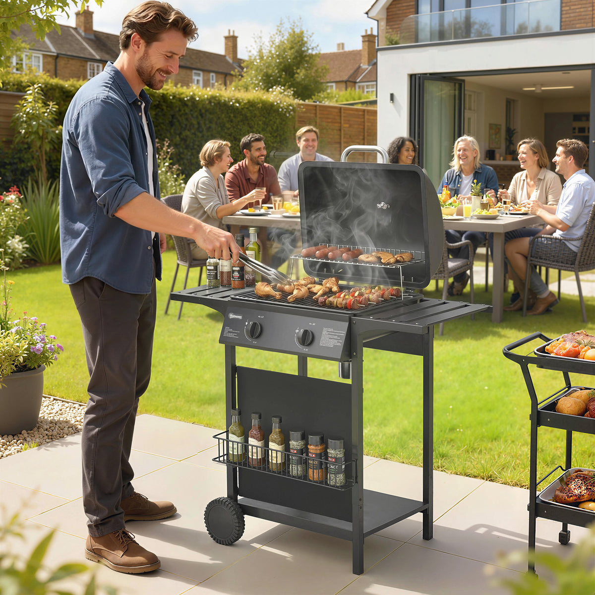 Outsunny Gasgrill 5 KW 2 Brenner BBQ Grillwagen Edelstahl inkl Seitentisch Unterkorb Frontabdeckung – Produktabbildung 2