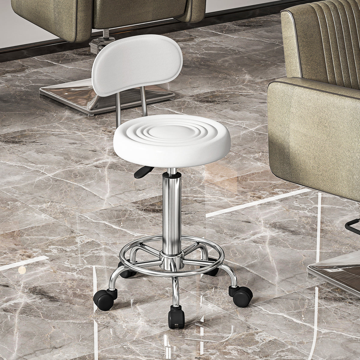 Rolling stool, swiveling and adjustable stool with backrest, faux leather upholstery, footrest, for dressing (2)