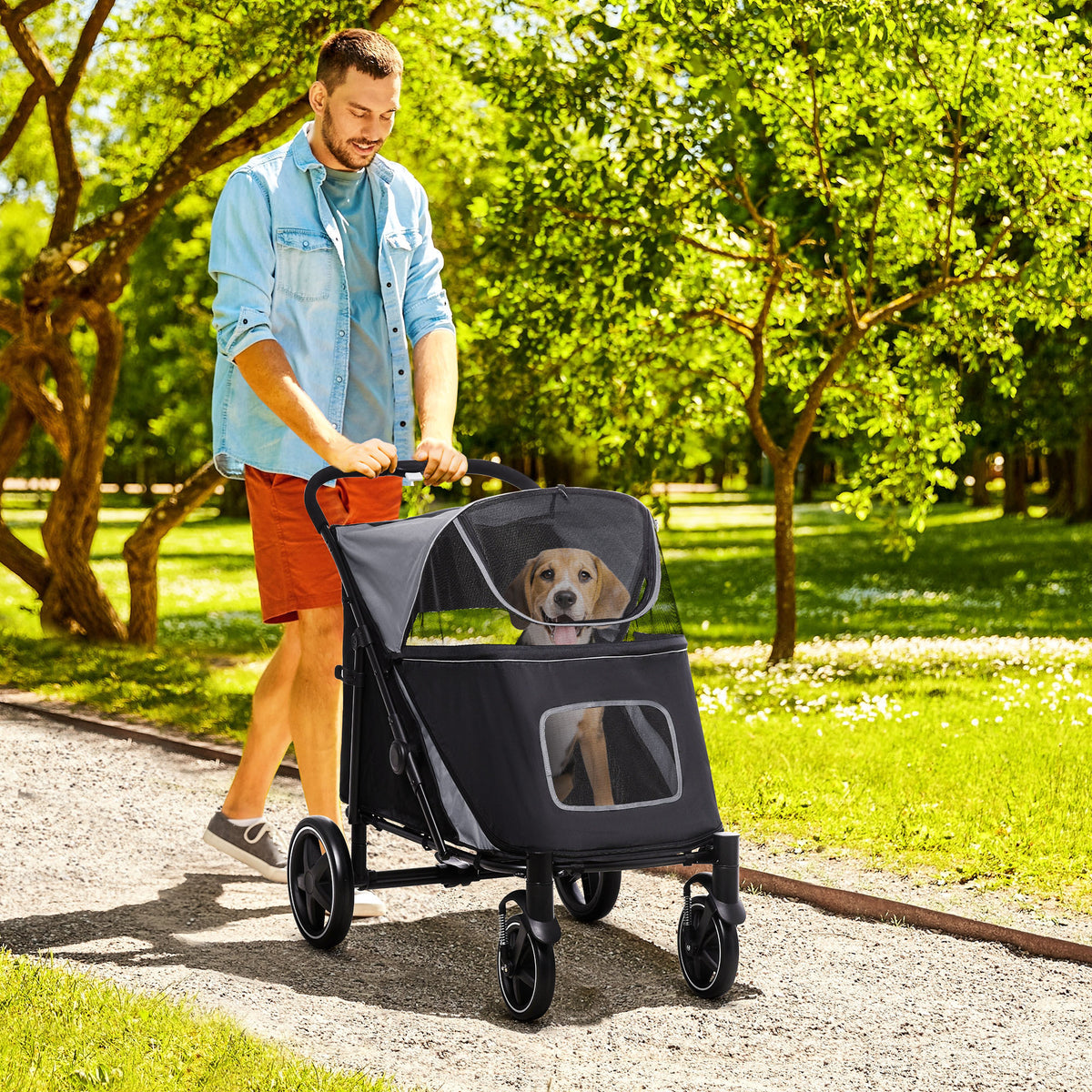PawHut Hundewagen Hundebuggy bis 30kg faltbar verstellbares Vordach Aufbewahrungskorb 112 cm x 65 cm x – Produktabbildung 2