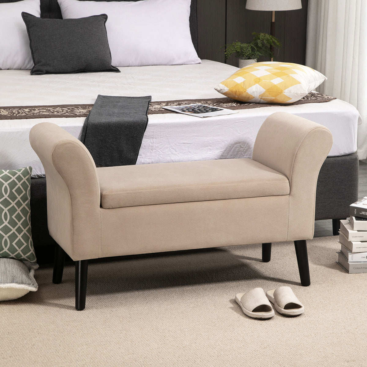 Upholstered bench with storage, chest bench with armrests, 46 cm seat height, velvet-feel polyester, 111.5 x 41 (2)