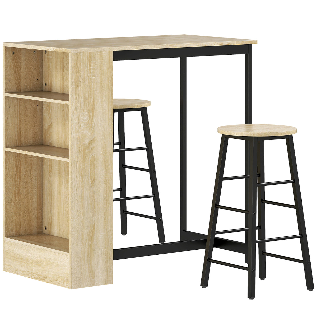 3-piece bar table set, 1 counter, 2 chairs, with storage space and footrests, space-saving, light brown + black