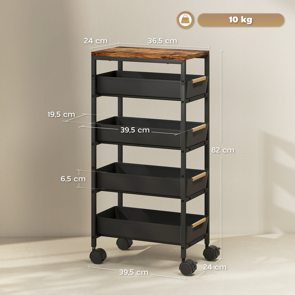 HOMCOM 5-stufiger Küchenwagen, Holzoptik, rollbar, Metallrahmen, 4 Schubladen, Schwarz – Produktabbildung 3