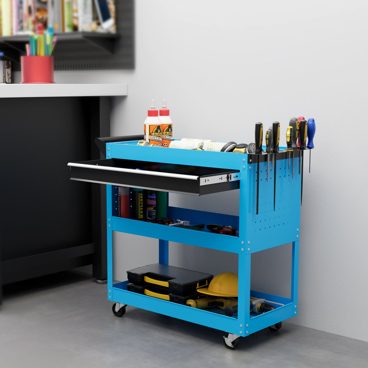 Werkzeugkoffer Werkzeugtrolley Werkzeugbox, 3 Ebenen, 4 Rollen, 82 cm x 35 cm x 76 cm, Blau – Produktabbildung 2