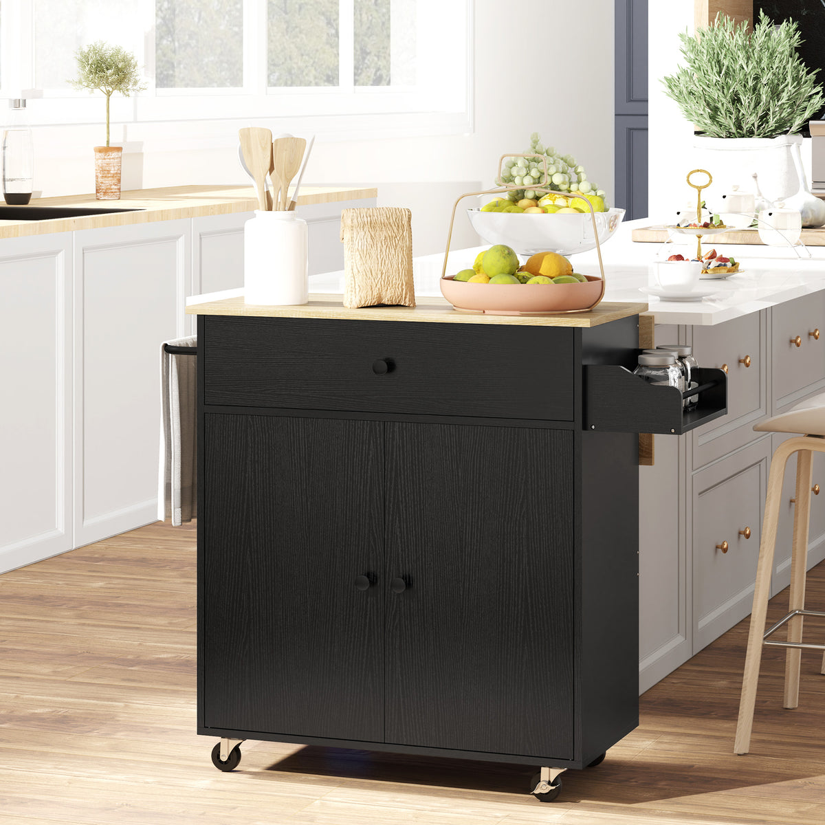 HOMCOM Küchenwagen mit Schublade, Schrankfach, Handtuchstange, 106 x 42 x 87 cm, Schwarz/Eiche – Produktabbildung 2