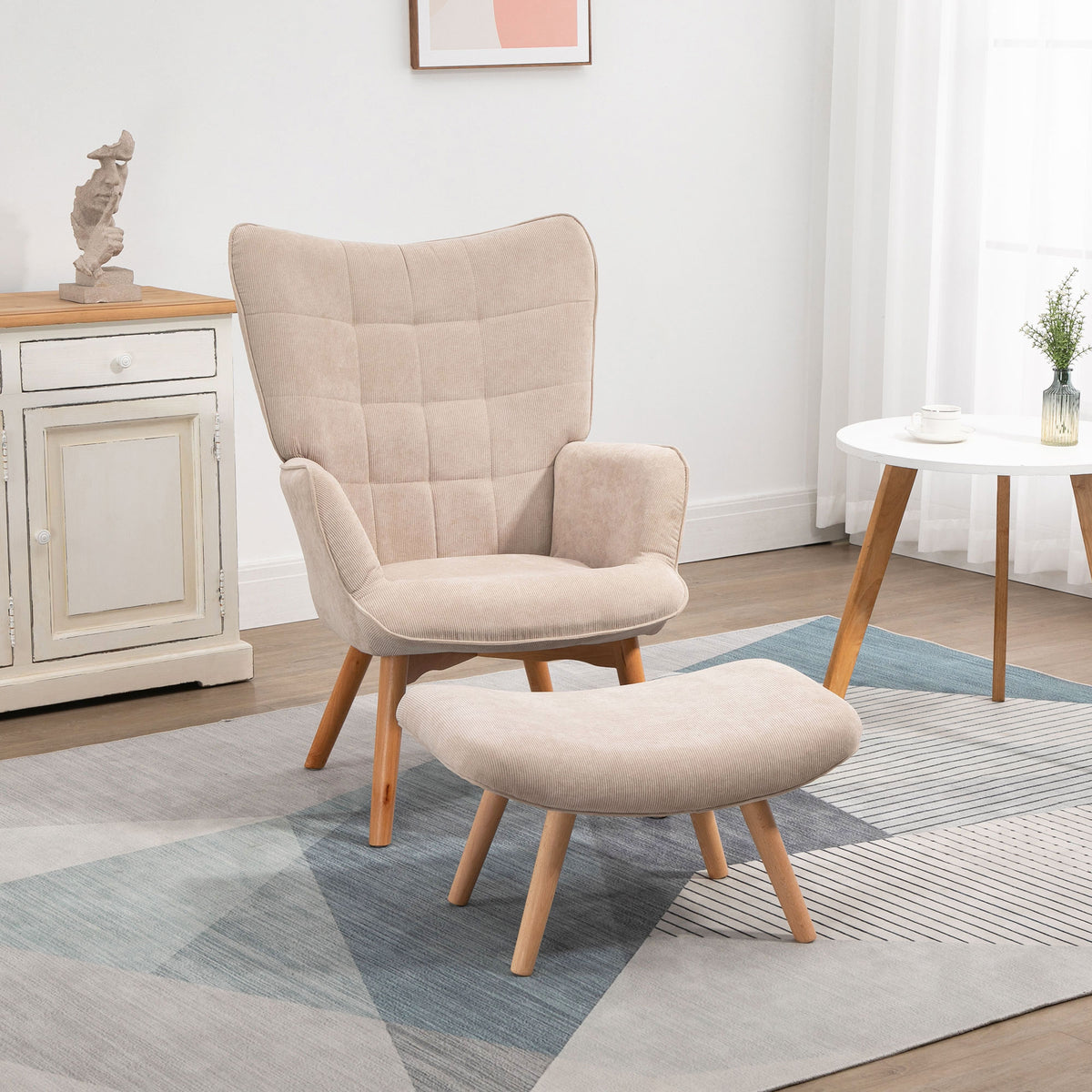Accent chair with ottoman, corduroy-look lounge chair, armchair with wooden legs, for living room, beige (2)