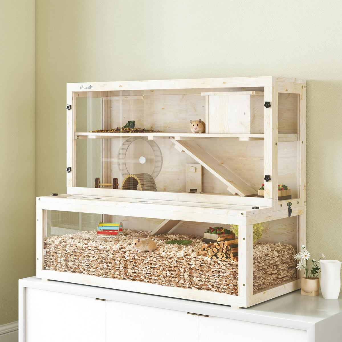 Hamster cage, 3 levels, hut, accessories, 100 x 50 x 84 cm, for several small animals, wood, plastic (2)
