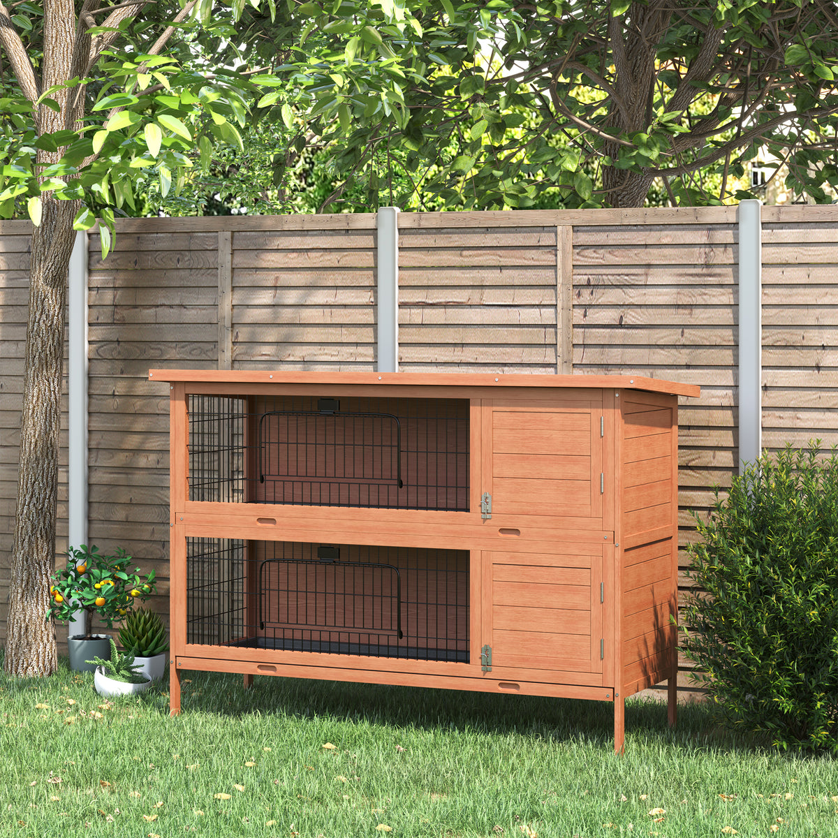 PawHut Hasenstall winterfest 2 Etagen Kaninchenstall Holz Bodenwanne Asphaltdach Türen 136,4 x 50 x 93 – Produktabbildung 2