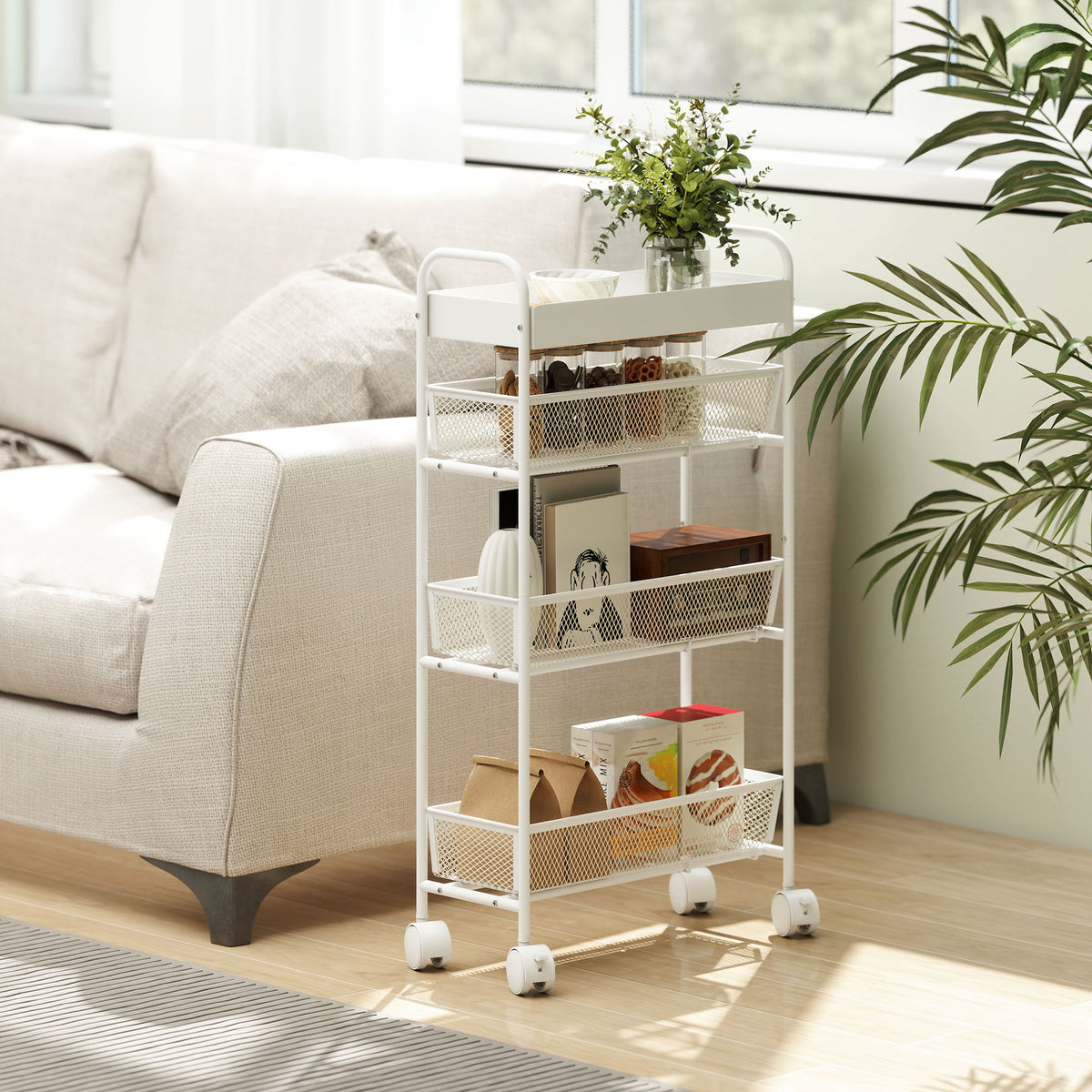 HOMCOM Küchenwagen aus Metall, 3 Körbe, schmales Design, 4 Räder, für Küche, Wohnzimmer, Badezimmer – Produktabbildung 9