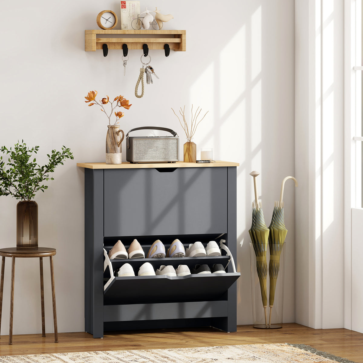 HOMCOM Schuhschrank mit 2 Klappfächern, verstellbar Trennwand für 8-12 Paar Schuhe, 72 x 26 x 80 cm – Produktabbildung 2