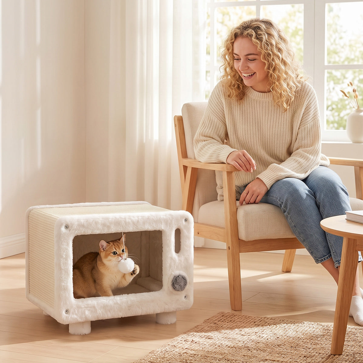 PawHut Katzenhaus im TV-Design, Katzenhöhle mit Hängematte und Spielball, Sisal-Kratzmatte, für Katzen – Produktabbildung 8