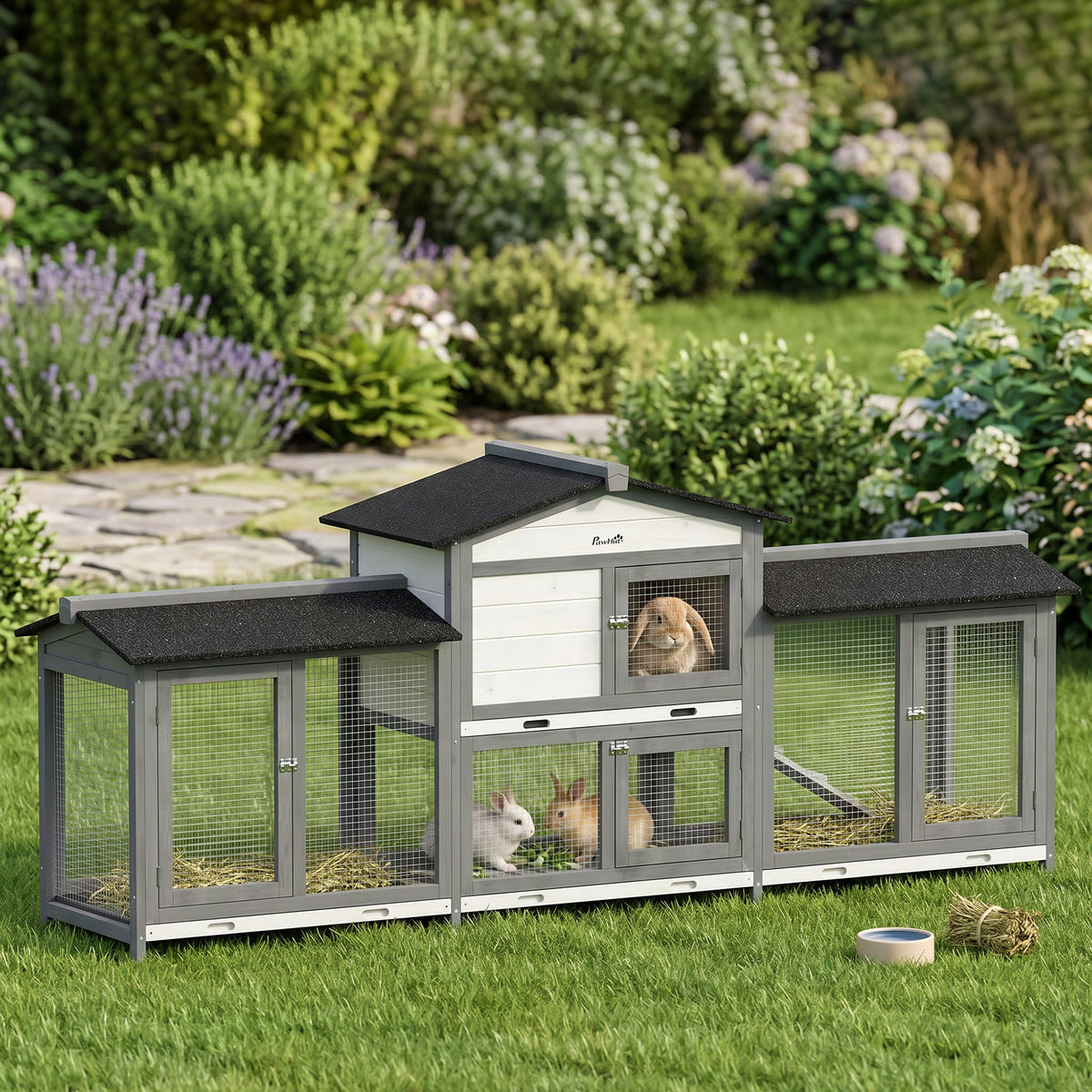 Rabbit Hutch 2-Tier Wooden Rabbit Cage 230 x 53 x 93.5 cm Winterproof with Asphalt Roof Pull-out Tray Run (2)