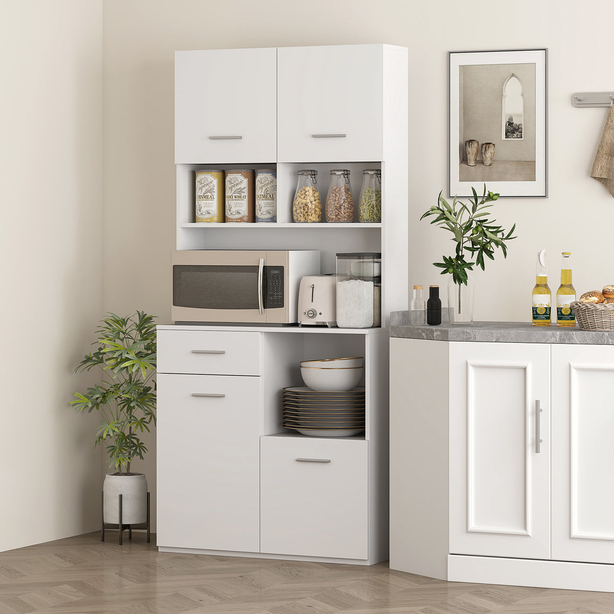 HOMCOM Küchenschrank, Buffet mit Schublade, Soft-Close Türen, 80 x 35 x 180 cm, Weiß – Produktabbildung 2