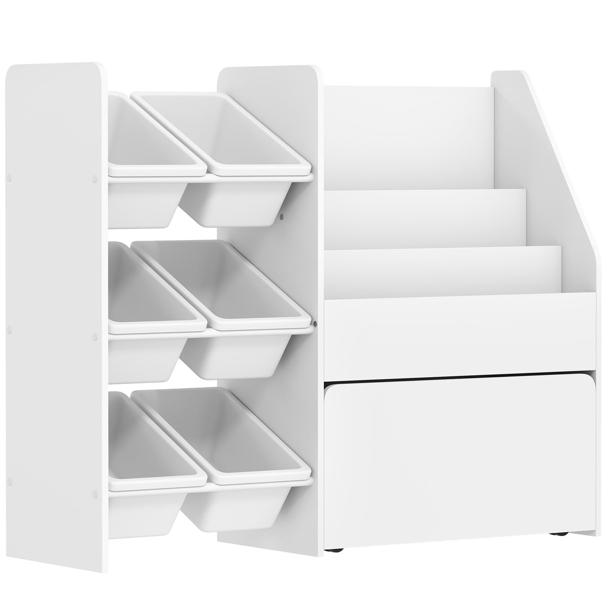 Toy shelf, children's room shelf with 6 bins, book rack, rolling box, 100 x 30 x 80 cm, MDF, steel, white