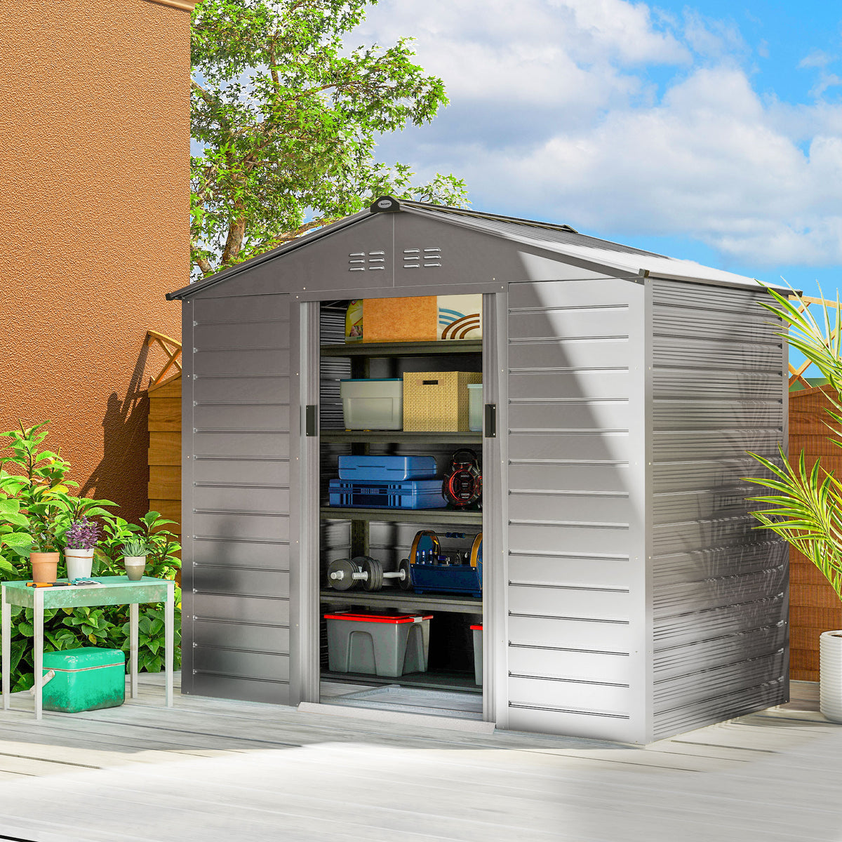 Outsunny 2,43 ㎡ Gerätehaus, 213 x 131 x 192 cm Geräteschuppen mit Satteldach, Abschließbare Schiebetür – Produktabbildung 2