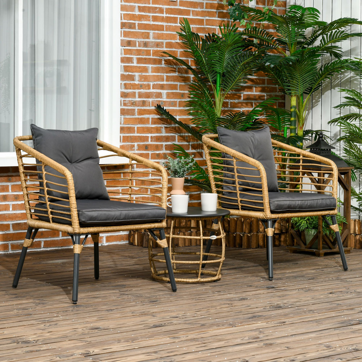 Outsunny 3-teiliges Bistro-Set, wetterbeständig, 1 Beistelltisch, 2 Stühle, 62 cm x 65 cm x 78 cm – Produktabbildung 2