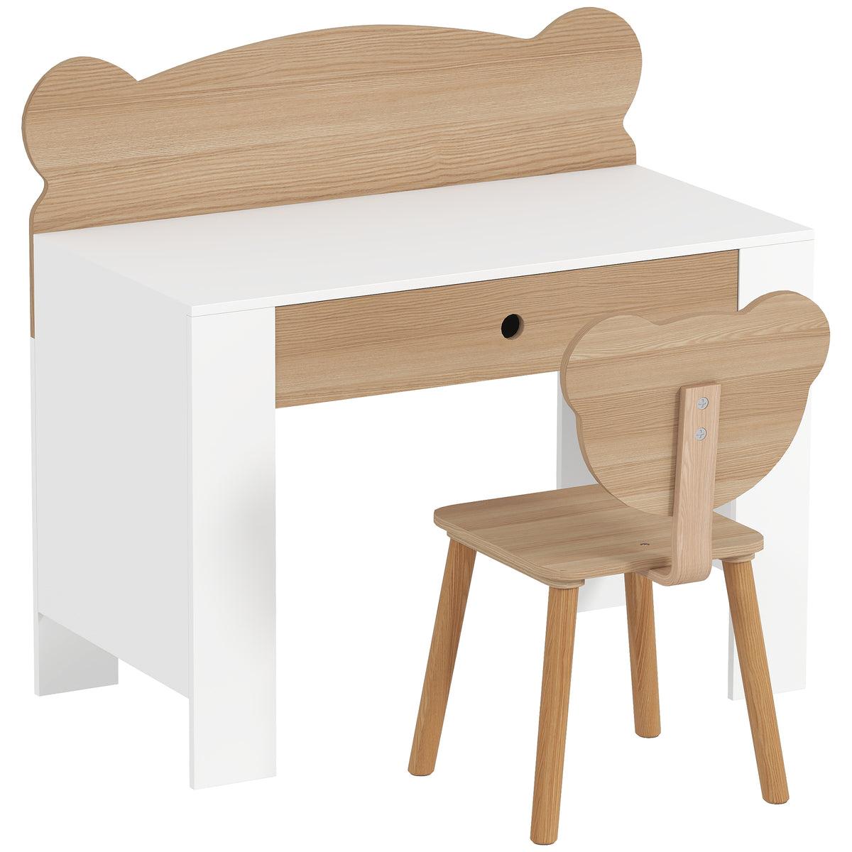 Kids' desk set, bear-shaped table and chair with drawer, for writing and crafting, 3-8 years, natural wood