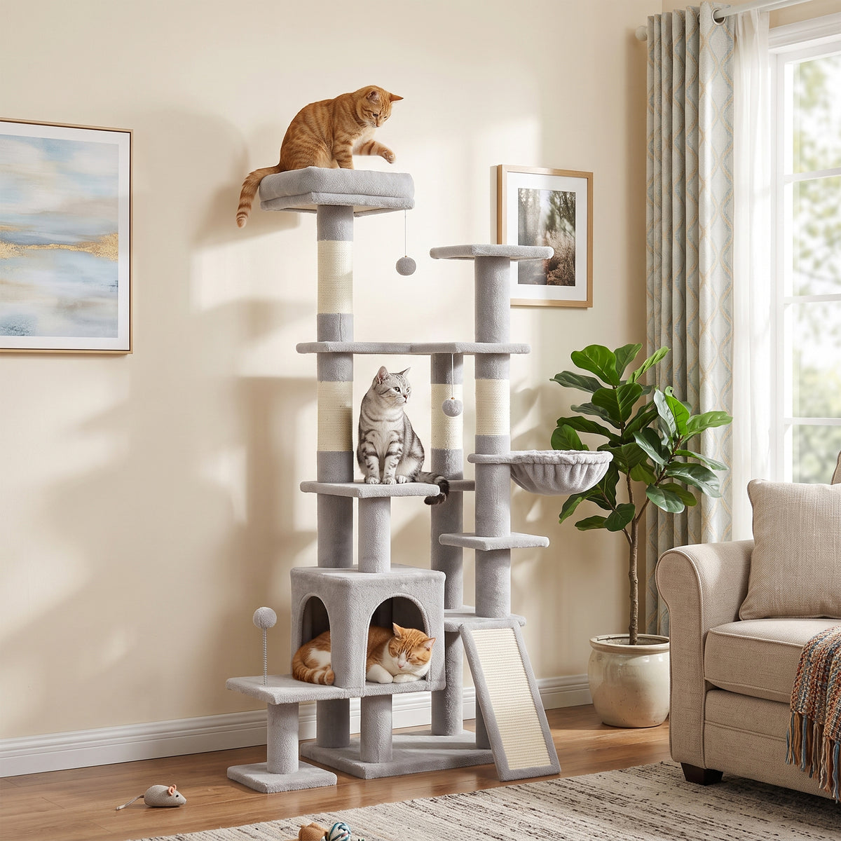 PawHut Kratzbaum Große, 152 cm hoch Katzenbaum mit Kratzstämmen Höhlen 2 Eingängen 3 Bällen Hängematte – Produktabbildung 2