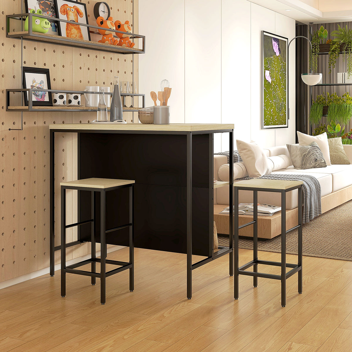 Bar set, 2 bar stools & 1 bar table, stain-resistant, stable, steel frame, black/oak (10)