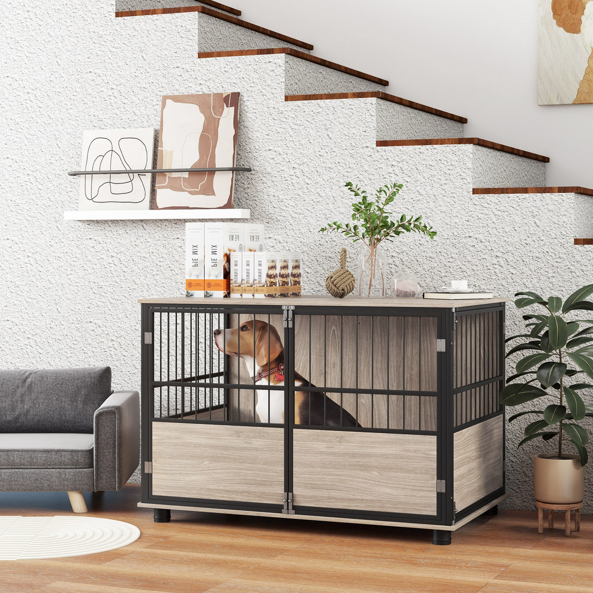 PawHut Hundebox, robust & stilvoll, 100x60x68cm, Walnussholz-Finish & Schwarz – Produktabbildung 2