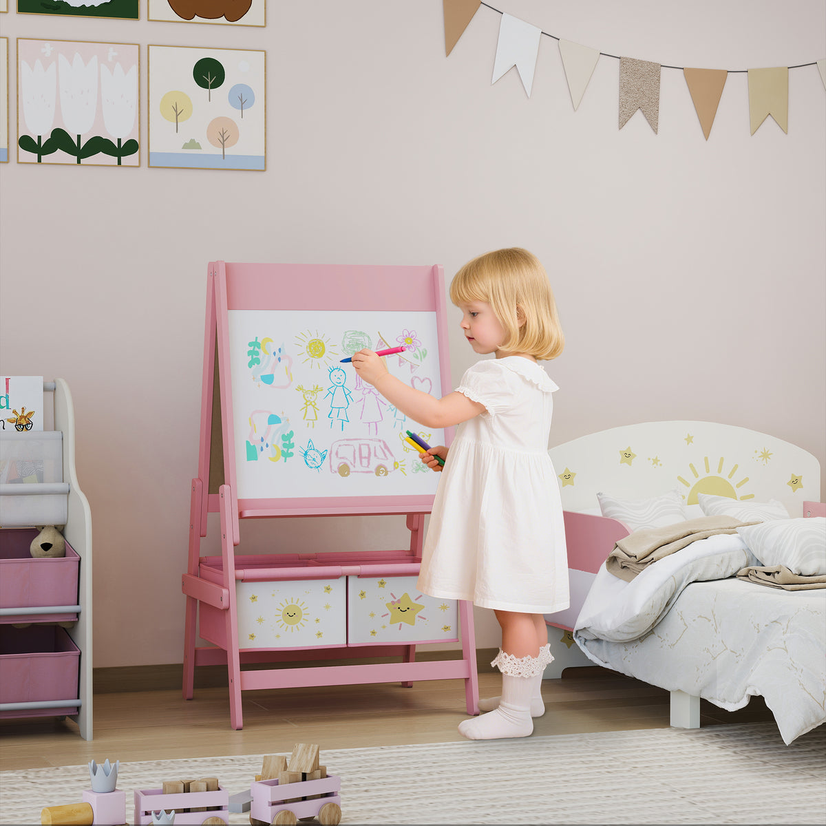 Kids 3-in-1 easel, children's board with chalkboard, whiteboard, paper roll, 2 storage boxes, for ages 3-8, pink (2)