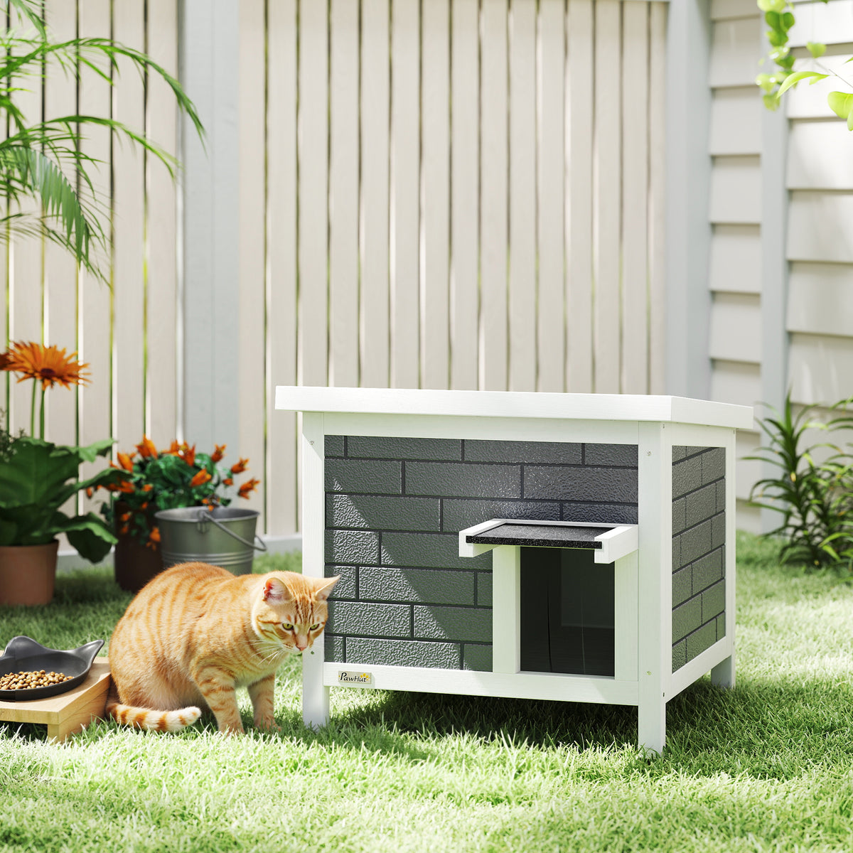 Cat house, weatherproof wooden cat hut with hinged roof, aluminum insulation panels, asphalt roof, 61x51x53.5 cm (2)