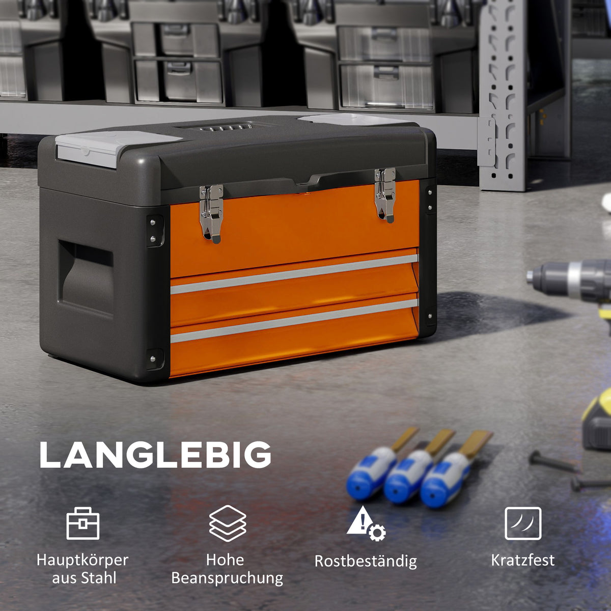 HOMCOM Werkzeugkiste leer, 49,7 x 25,3 x 28,9 cm Werkzeugkasten mit Schublade, Mini-Box Stahl Orange – Produktabbildung 5