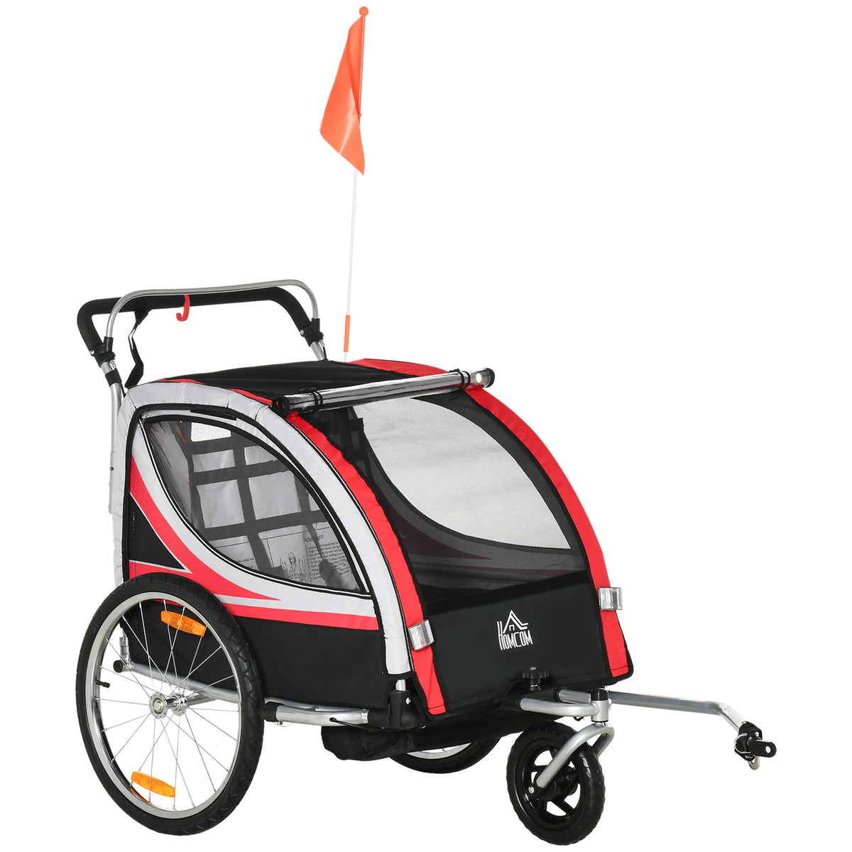 Children's bicycle trailer, 2-in-1, jogger function, weatherproof cover, steel frame, red+black, 142 x 75 x