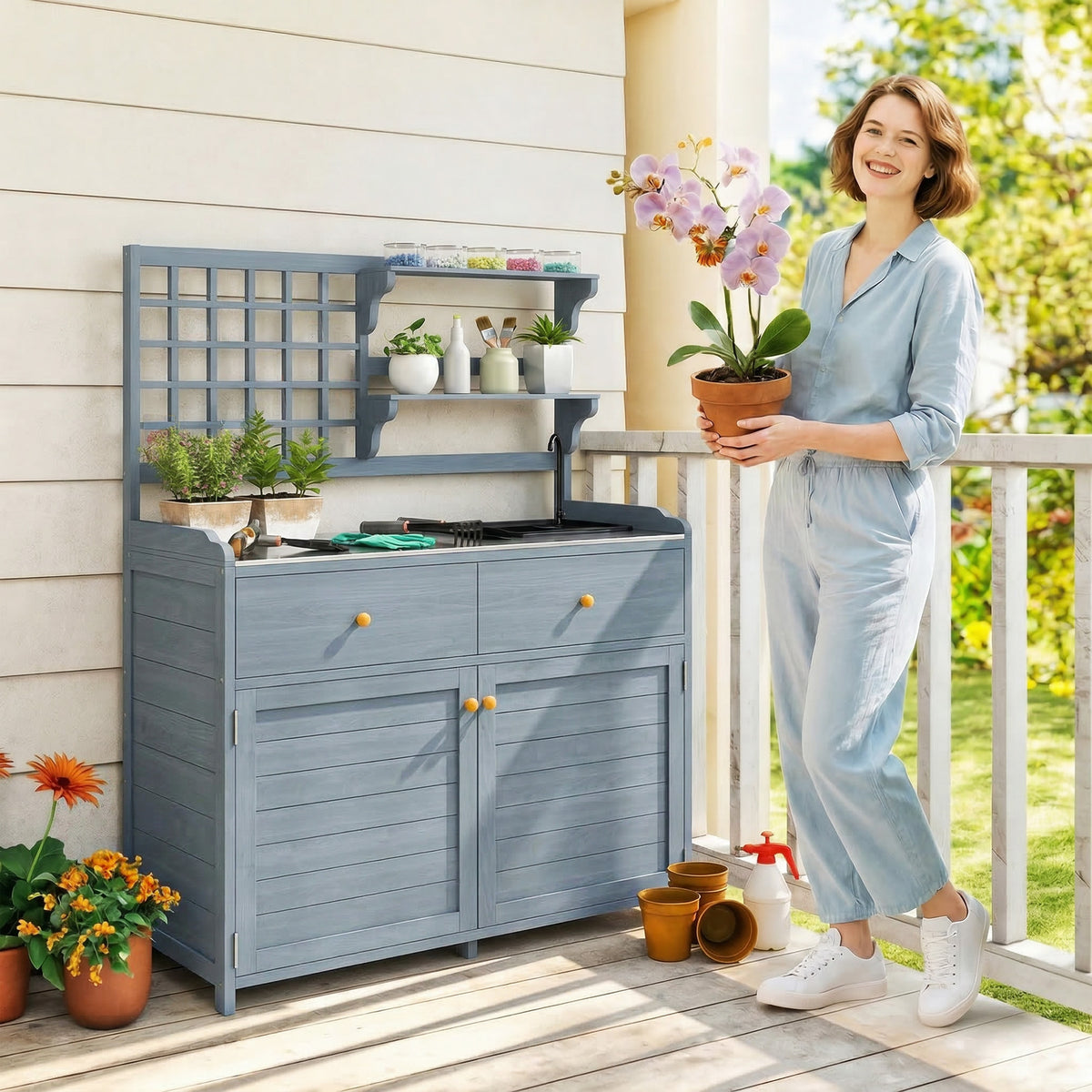 Potting bench with cabinet outdoor wood garden cabinet with galvanized worktop 2 drawers 104x44x140 cm light (2)