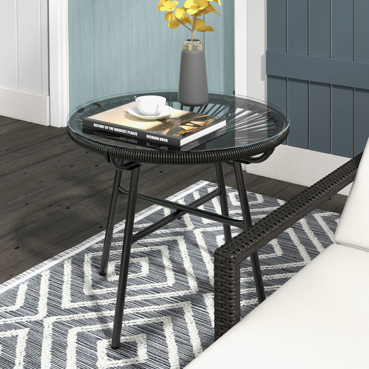 Boho-style garden table, outdoor side table, PE rattan, tempered glass, weather-resistant, 50 cm x 50 cm x 50 cm (2)