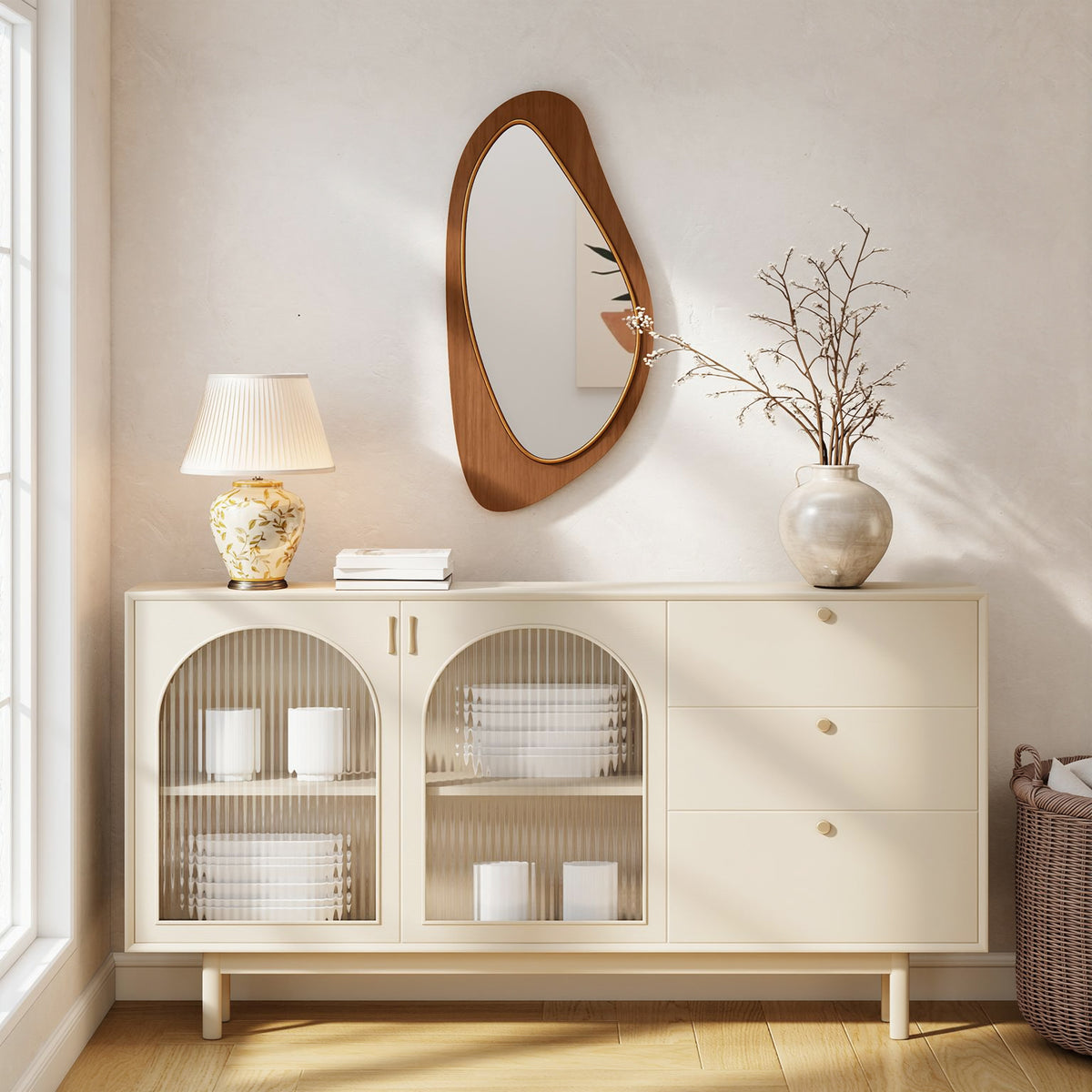 Wall mirror window mirror with pine veneer frame for bedroom living room, 91.5 x 45 x 3 cm, natural wood (2)