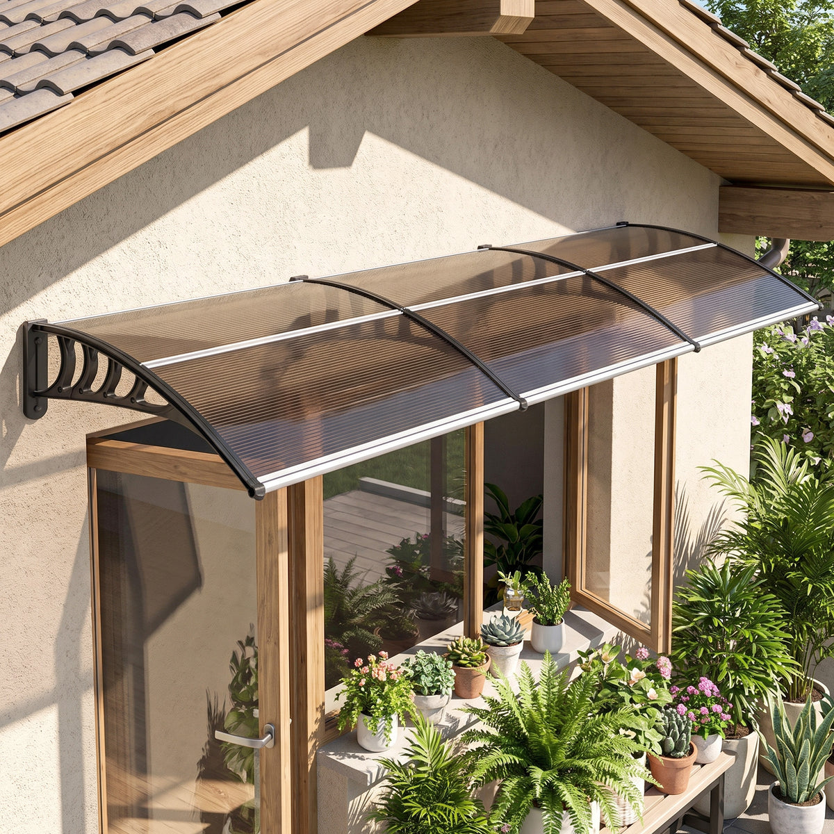 Outsunny Vordach für Haustür/Fenster, wetterfest, Braun, Aluminium-Verbindungstangen/Polycarbonat – Produktabbildung 2