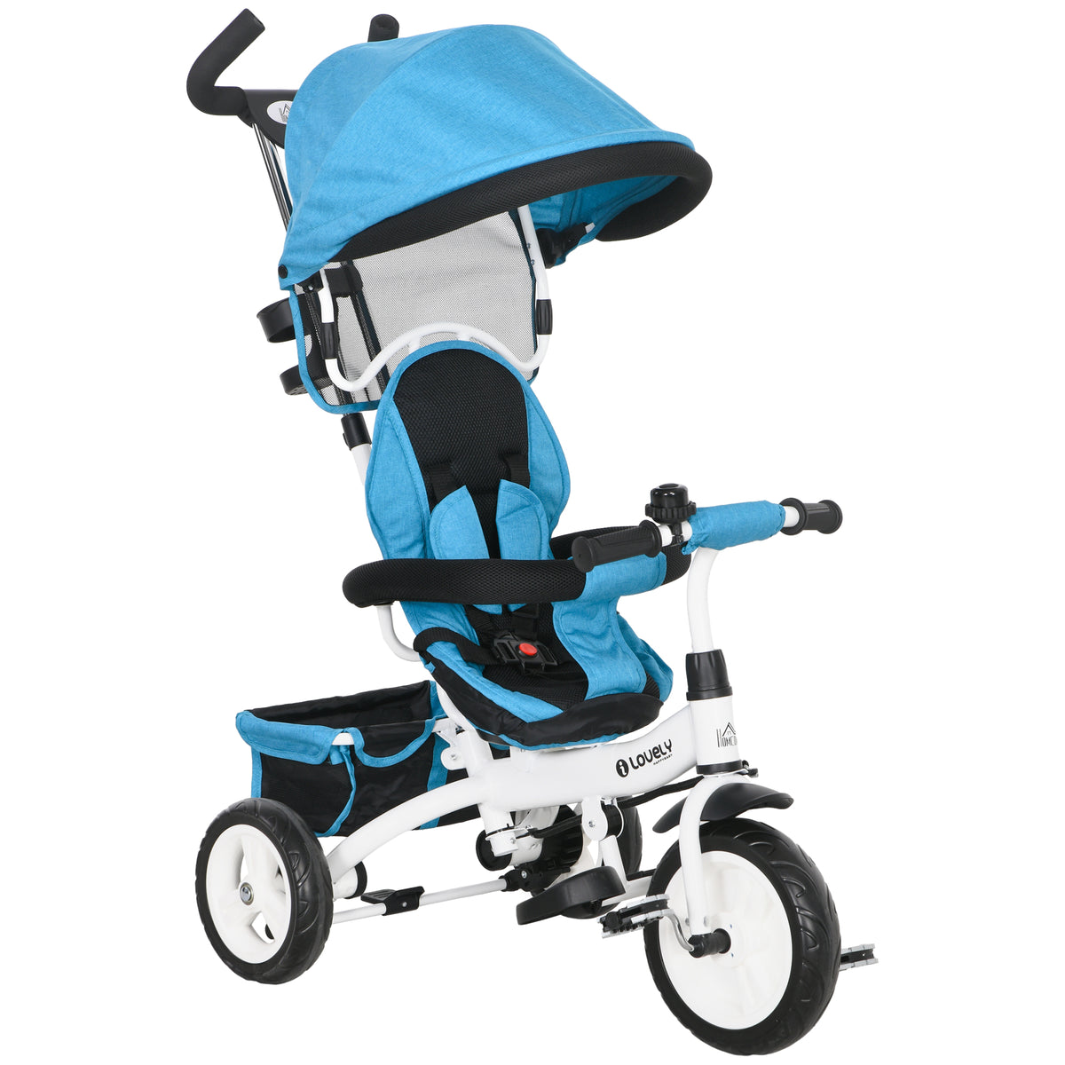 6-in-1 children's tricycle with push bar, canopy, harness, storage basket, for ages 1-5, blue