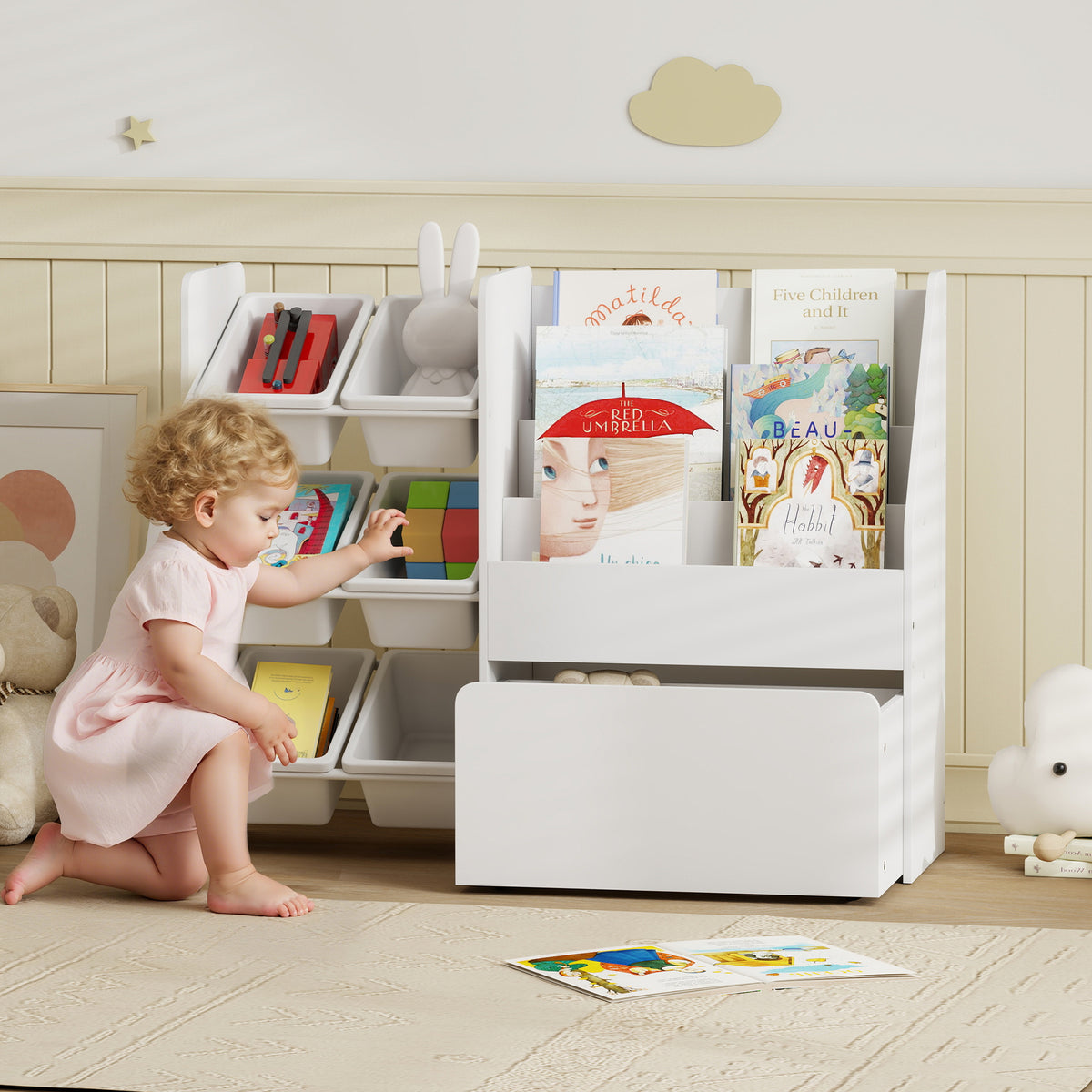 Toy shelf, children's room shelf with 6 bins, book rack, rolling box, 100 x 30 x 80 cm, MDF, steel, white (2)